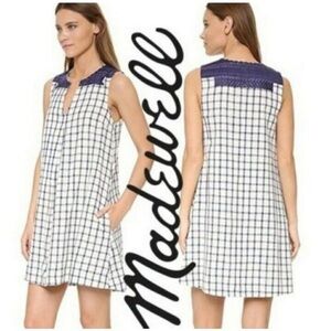 MADEWELL Embroidered Sunray Dress With Pockets Linen Plaid Sleeveless